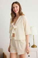 Trendyol Beige 100% Cotton Striped Tied/Bow Tied Linen Look Woven Pajama Set