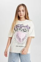 DEFACTO Girl's Oversize Wide Pattern Crew Neck Printed Short Sleeve T-Shirt