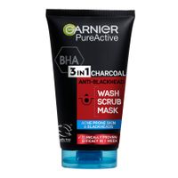 Garnier Skin Naturals Pure Active 3in1 Gel + Scrub + Anti-Blackhead Mask 3 az 1-ben tisztító fekete maszk, bőrradír és gél aktív szénnel a mitesszerek