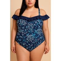 Plus Size Einteiliger Badeanzug Mit Print, Blau