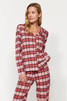 Trendyol Red 100% Cotton Plaid Shirt-Pants Knitted Pajamas Set