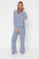 Trendyol Navy Blue-White Striped Cotton Corduroy Tshirt-Pants Knitted Pajama Set