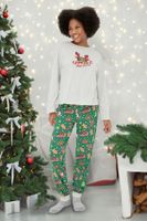 Trendyol Gray Melange 100% Cotton Christmas Theme T-shirt-Pants and Knitted Pajamas Set