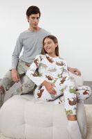 Trendyol Men's Gray Regular Fit Tiger Patterned Couple/Double Knitted Pajama Set