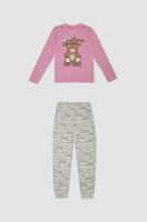 DEFACTO Girls Pajama Set Teddy Bear Printed Long Sleeve Top Elastic Waist Patterned Long Bottom