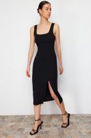 Trendyol Black itted/Fitting Slit Square Neck Stretchy Knitted Midi Pencil Dress