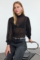 Trendyol Black Shiny Stone Printed Chiffon Woven Blouse