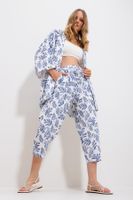 Trend Alaçatı Stili Women's Blue Patterned Kimono With Jacket And Trousers Linen Woven Bottom Top Suit