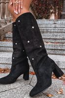 Boto Kozaki Damskie Ocieplane Na Słupku Z Ozdobnymi Detalami Czarne Lucinda