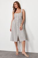 Trendyol Ecru Buttoned Striped Linen Look Midi Woven Dress