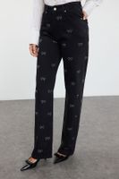 Trendyol Black Bow/Ribbon Detailed High Waist Wide Leg Jeans