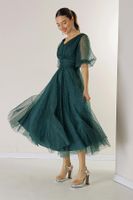 By Saygı Front Back V Neck Short Balloon Sleeve Lined Bud Pattern Silvery Dahya Fabric Dress