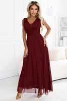 637-1 Long evening dress with a brocade accent and a deep neckline - burgundy