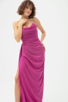 Lafaba Women's Fuchsia Chest Draped Slit Glitter Evening Dress