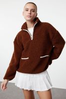 Trendyol Brown Color Blocked Plush Oversize/Wide Fit Zipper Collar Knitted Sweatshirt