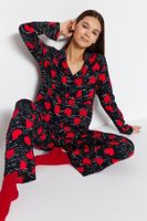 Trendyol Black Heart Viscose Shirt-Pants Woven Pajamas Set