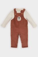 DEFACTO Baby Boy 2-Piece Set Crew Neck Long Sleeve T-Shirt Velvet Teddy Bear Printed Overalls Jumpsuit