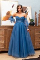 Carmen Indigo Tulle Low Sleeve Engagement Evening Dress