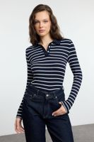 Trendyol Navy Blue More Sustainable Striped Button-Down Collar Knitted Blouse