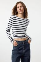 Trendyol Navy Blue*001 Striped Fitted/Fits on the Body Gathered/Drape Detailed Flexible Knitted Blouse