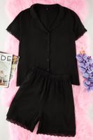 Trendyol Curve Black Lace Detailed Shirt Collar Viscose Woven Pajama Set