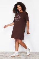 Trendyol Curve Brown Slogan Printed 100% Cotton Knit Plus Size T-shirt Dress