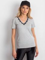 V-neck blouse decorated with gray lace