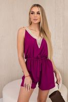 Women's short jumpsuit with decorative lace - plum