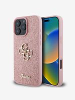 Guess PU Fixed Glitter 4G Metal Logo Zadní Kryt pro iPhone 16 Pro Pink Etui za telefon ljubičasta