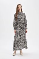 DEFACTO A-Line Patterned Shirt Collar Belted Long Sleeve Maxi Dress