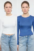 Trendyol Indigo-Ecru Double Pack Crop/Short Fitted/Body-Smoothing Knitted Blouse