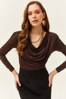 Olalook Women's Bitter Brown Waistband Pleated Turndown Collar Blouse