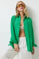 Happiness İstanbul Women's Green Oversize Long Linen Ayrobin Shirt