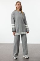 Trendyol Grey Melange Color Block Striped Knitwear Top-Bottom Skirt Sweater Set