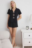 Trendyol Black Solid Buttoned Camisole Knitted Pajama Set