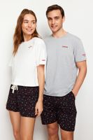 Trendyol Grey Black Embroidered Regular Fit Couple/Double Knitted Shorts Pajama Set