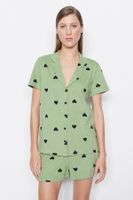 Trendyol Green 100% Cotton Heart Patterned Knitted Pajama Set