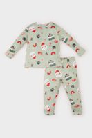 DEFACTO Baby Girl Christmas Themed Pajama Set Crew Neck Long Sleeve Top Elastic Waist Bottom