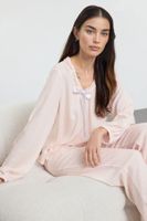 Trendyol Pink Striped Ruffle and Ribbon/Bow Detailed Woven Pajama Set