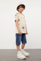 Trendyol Beige Boy Palm Tree Patterned Cotton T-shirt-Jean Trouser Set Bottom-Top Set