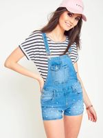 Denim dungarees shorts with blue pearls