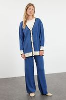 Trendyol Indigo Color Block Knitwear Cardigan Trousers Bottom-Top Set