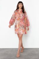 Trendyol Orange Flower Patterned Waist Open Shirt Collar Mini Lined Chiffon Woven Dress