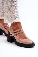 Dark beige patented pumps with chunky heels by Halmina