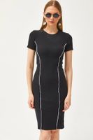 Olalook Women's Black Stripe Detailed Lycra Mini Cotton Dress