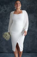 Trendyol Curve White Long Sleeve Slit Woven Plus Size Bridal/Elegant/Evening/Wedding Dress