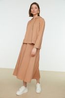 Trendyol Beige Hooded Sweatshirt-Skirt Knitted Suit