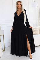 572-2 NELA Shiny Long Dress with Neckline and Long Sleeves - BLACK