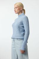 Trendyol Blue Soft Textured Knit Detailed Stand Collar Seamless Knitwear Sweater