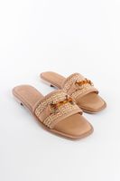 Capone Outfitters Straw Genuine Leather Buckle Flat Heeled Women's Slippers